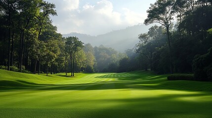 Obraz premium A Lush Green Golf Course Surrounded by Trees and Foggy Mountains