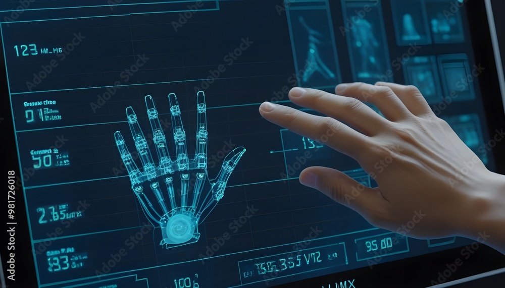 Poster a close-up shot of a human finger and a robotic finger interacting with a transparent touch screen d