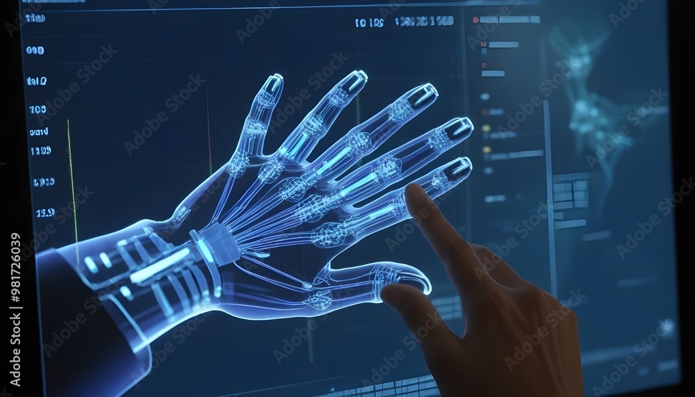Poster a close-up shot of a human finger and a robotic finger interacting with a transparent touch screen d