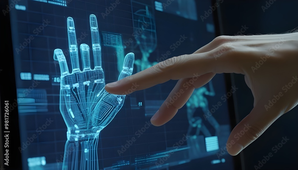 Poster a close-up shot of a human finger and a robotic finger interacting with a transparent touch screen d