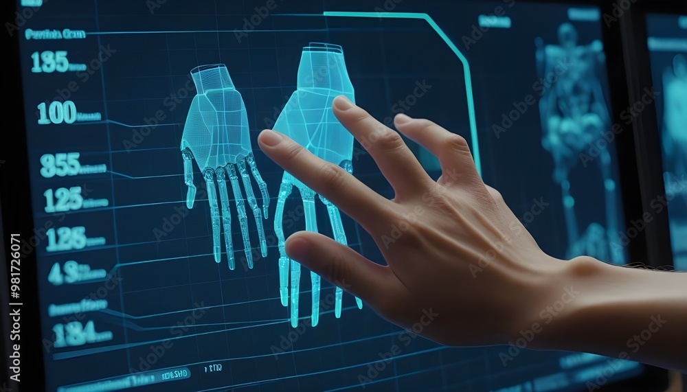 Poster a close-up shot of a human finger and a robotic finger interacting with a transparent touch screen d