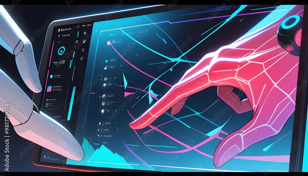 Poster a close-up shot of a human finger and a robotic finger interacting with a transparent touch screen d