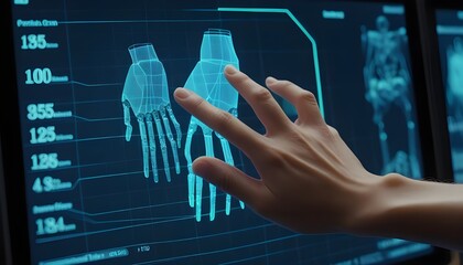 A close-up shot of a human finger and a robotic finger interacting with a transparent touch screen displaying abstract digital data.