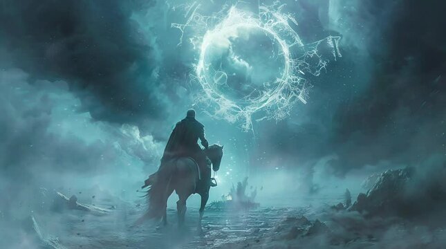 A lone knight on horseback traversing a mystical fantasy night landscape, surrounded by glowing stars and an enchanting moonlit sky, Seamless looping 4k time-lapse virtual video animation Generated AI