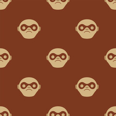 Seamless polka dot pattern with stylized monkey faces. Ethnic animal design of Moche Indians from ancient Peru. On red background.