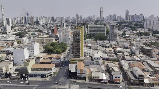 Drone lowers from up high over city to behind dead trees in park in Cuiab&aacute;, Mato Grosso, Brazil