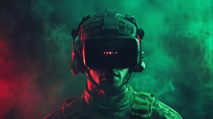 Futuristic soldier using virtual reality headset in military training environment with green hues