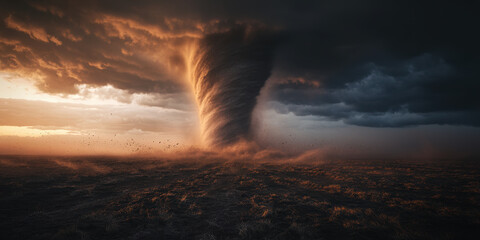 Fototapeta premium A tornado forming in an open field showcases raw power of violent weather, with dark clouds swirling ominously above and dust swirling around base