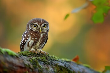 Fototapeta premium Glaucidium passerinum. It is the smallest owl in Europe. It occurs mainly in northern Europe. But also in Central and Southern Europe. In some mountain areas. Photographed in the Czech Republic, ai