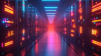 Neon-lit Server Room with Glowing Lights and Reflective Floor