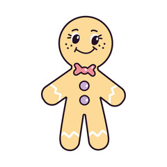 Retro cartoon gingerbread man, girl characters in trendy groovy style. Merry Christmas and Happy New Year. Funny vector illustration of christmas cartoon cookie. Vibes 70s, 80s, 90s