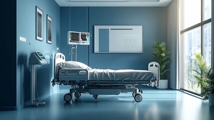 A Sterile Hospital Room with a Bed, Medical Equipment, and a Window View