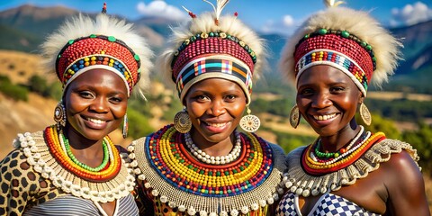 Fototapeta premium Three Zulu women in Africa with traditional clothing 