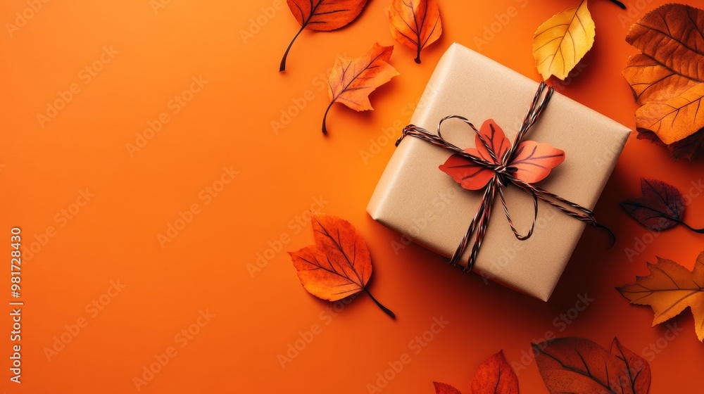 Wall mural handmade gift box with autumn leaves on an orange background perfect fall season decor