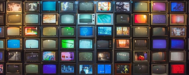 Wall of televisions displaying various colorful broadcasts