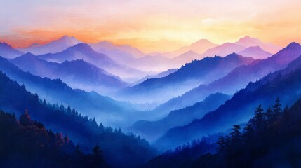 A Misty Mountain Range at Sunset with Silhouetted Trees