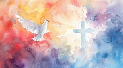Radiant White Cross in Clouds: Watercolor Illustration of a White Dove in Flight for Whit Monday