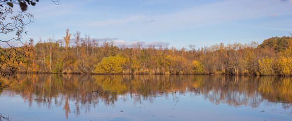 Autumn landscape with reflection in the water.