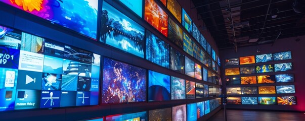 Wall of televisions displaying various colorful broadcasts