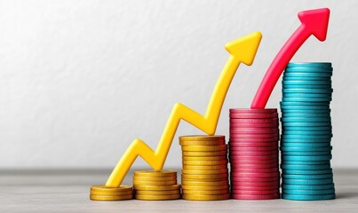 Stacks of Coins with Upward Arrows and Growing Graph - Financial Growth and Budgeting Concept