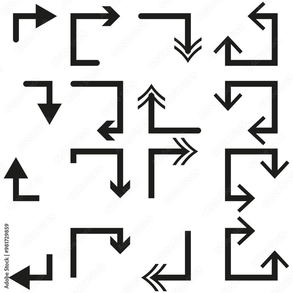 Poster arrow corner icons. directional arrow set. simple arrow collection. vector black arrows.