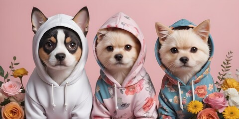 Fototapeta premium imagination illustration of the portraits different dogs are the same as models with cute tender clothes in beautiful colors mixed flowers illustration drawing.