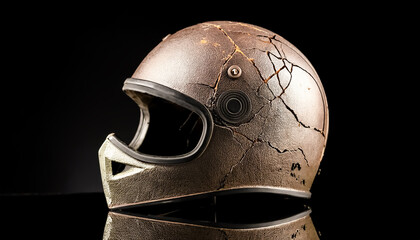 Cracked helmet, old, motorcycle, full face, work, vintage, antique, wear, protect, black background
