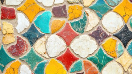 Patterned mosaic tile texture with colorful, intricate designs and a glossy finish