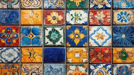 Patterned mosaic tile texture with colorful, intricate designs and a glossy finish