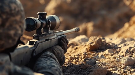 Fototapeta premium Close up of a sniper lying on a hill aiming through rifle scope in a desert landscape