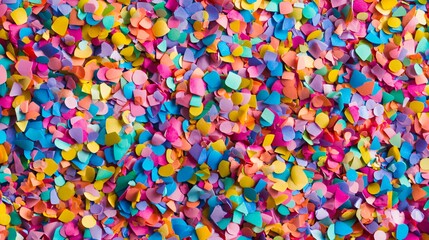 A close-up shot of colorful confetti pieces, arranged in a random pattern.