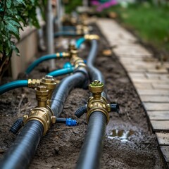 Rustic Outdoor Plumbing System with Brass Connectors and Muddy Ground in Garden or Agricultural Landscape