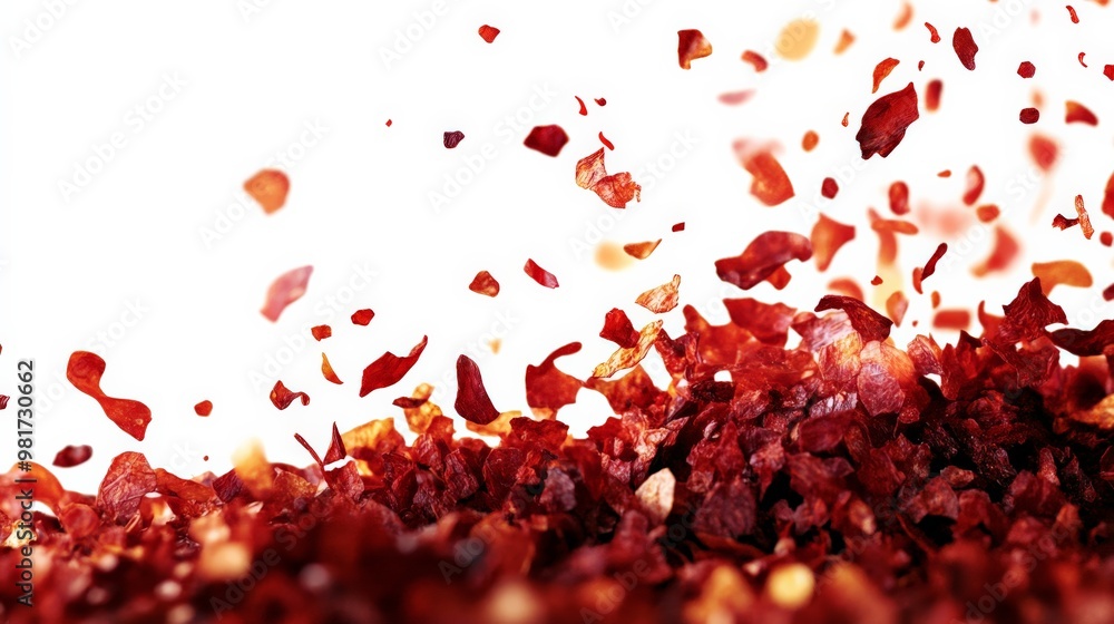 Poster dynamic photo capturing red chili flakes in mid-air, creating a vibrant and spicy visual experience 