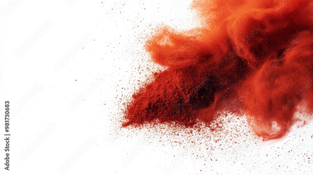 Poster dynamic red powder explosion against a white background. vivid color burst creating an abstract, ene