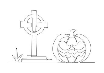 Continuous single line sketch drawing of spooky horror scary smiling pumpkin jack o lantern at gravestone grave cemetery memorial halloween concept one line art vector illustration