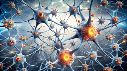 Illustration of brain cells affected by neurodegenerative diseases showing alpha-synuclein protein aggregates and Lewy bodies against a clean white background
