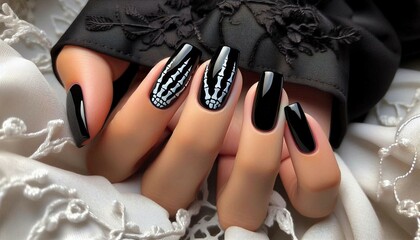 A close-up of a hand with stylish black manicured nails with unique white patterns, resting on a delicate white fabric.

