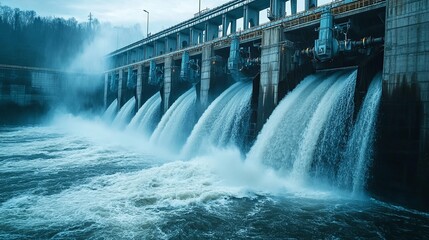 Concrete Dam With Multiple Water Spouts Flowing Downwards