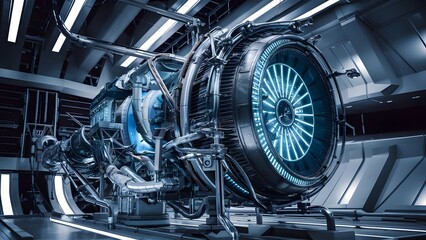 Obraz premium Futuristic spaceship engine in a brightly lit space station