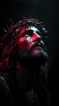 Jesus with a crown of thorns, put on trial by Pilate, vertical image. Jeus com uma coroa de espinhos, paix&atilde;o de cristo