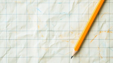 A yellow pencil lies on a crumpled piece of grid paper with pencil marks.