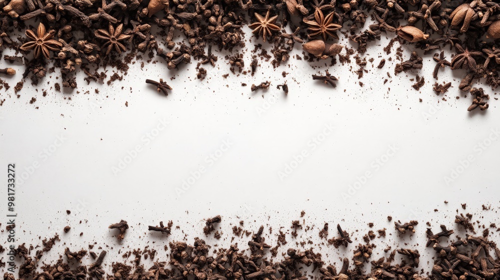 Poster top view image of various spices and dried herbs scattered on a white background, creating a natural
