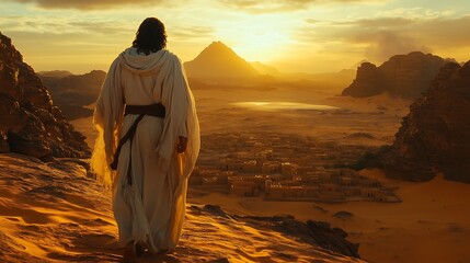 Jesus on top of a mountain overlooking Jerusalem, the temptation of the desert. Jesus no alto de um monte avistando jerusalém, a tentação do deserto