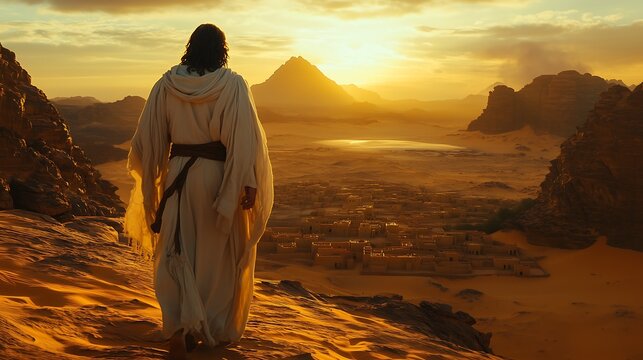 Jesus on top of a mountain overlooking Jerusalem, the temptation of the desert. Jesus no alto de um monte avistando jerusal&eacute;m, a tenta&ccedil;&atilde;o do deserto