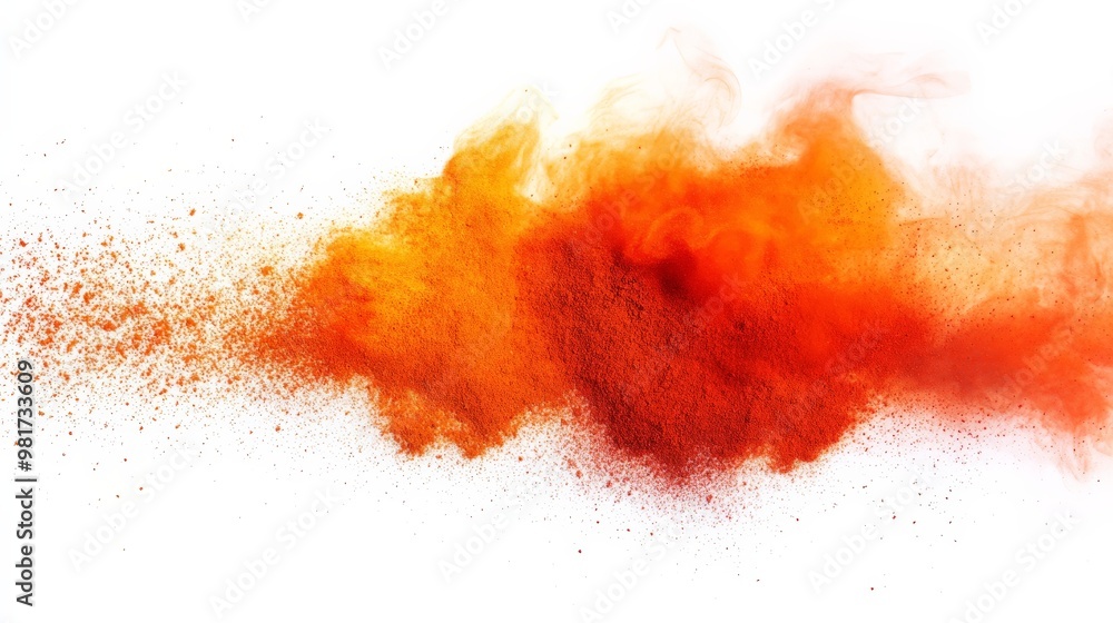 Poster vibrant burst of red-orange powder on white background, creating a dynamic and energetic visual expl