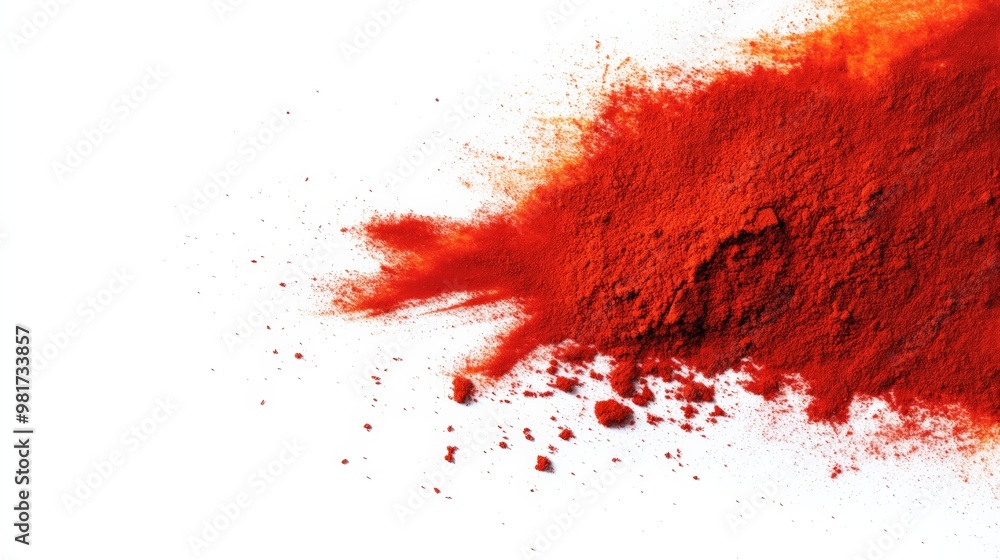 Poster vibrant red powder explosion against a white background, creating a dynamic and colorful abstract ef