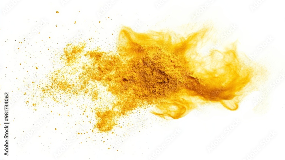 Poster vibrant yellow powder explosion on white background. high-speed capture of colorful dust burst, crea
