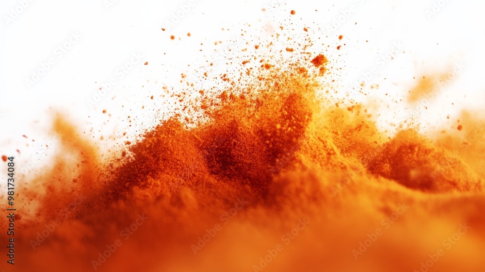 Poster vivid explosion of orange powder against a white background creating a dynamic abstract pattern of v