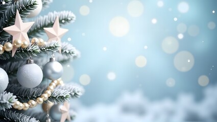 Frosted Christmas tree adorned with silver baubles, star ornaments, and pearl garlands