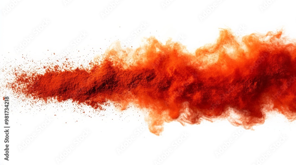 Poster vivid red powder explosion creating a dynamic cloud of dust and particles isolated on white backgrou